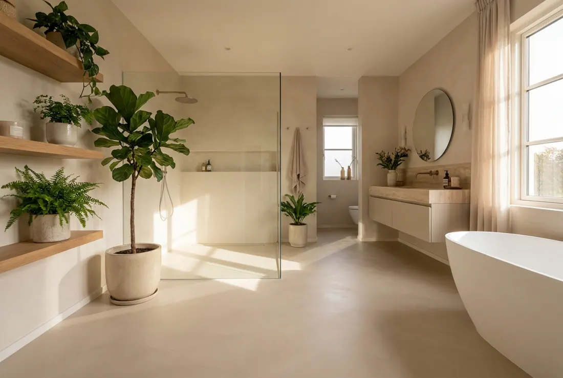 Sol époxy posé dans une salle de bain moderne, finition continue sans joint silicone