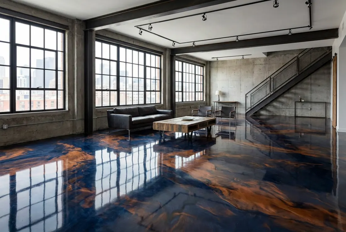 Sol époxy métallique décoratif aux reflets marbrés dans un intérieur moderne