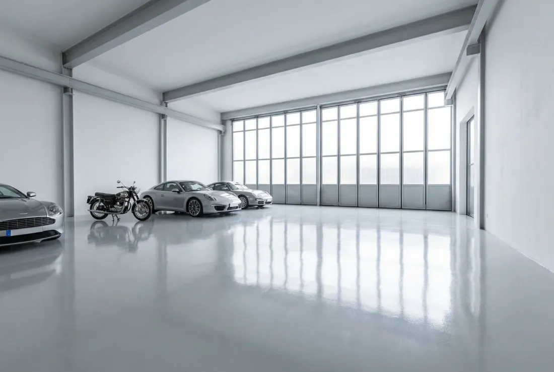 Sol époxy professionnel posé dans un garage moderne, finition brillante et sans joint